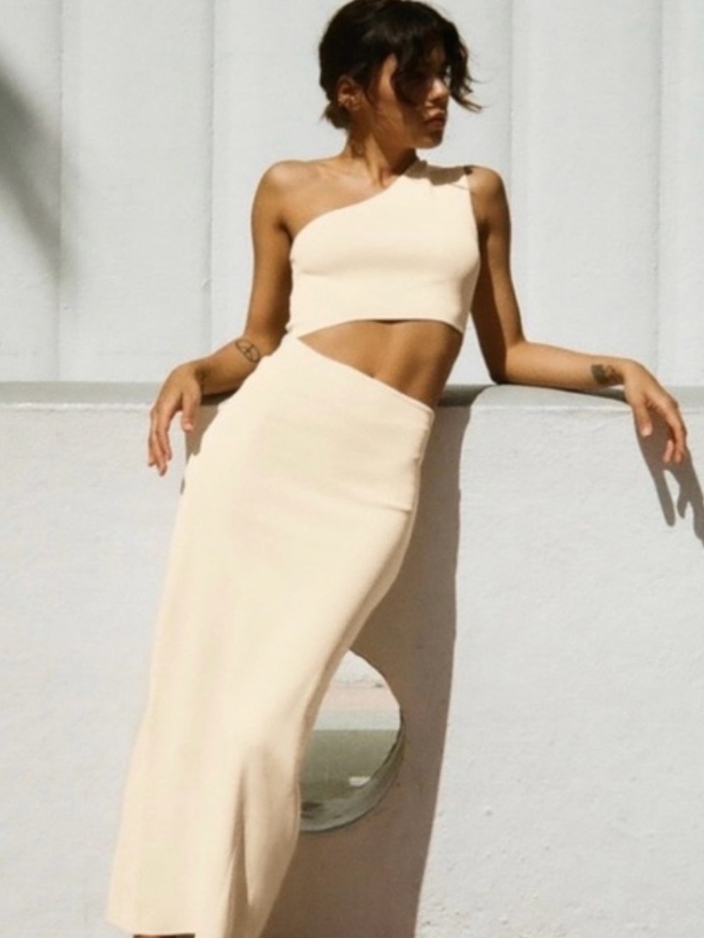 Zara Cream One-Shoulder Midi Dress